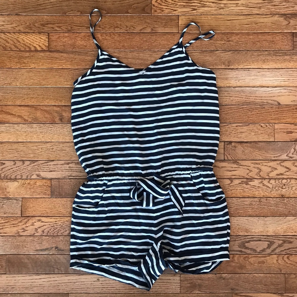 100% silk navy and white striped Jcrew romper